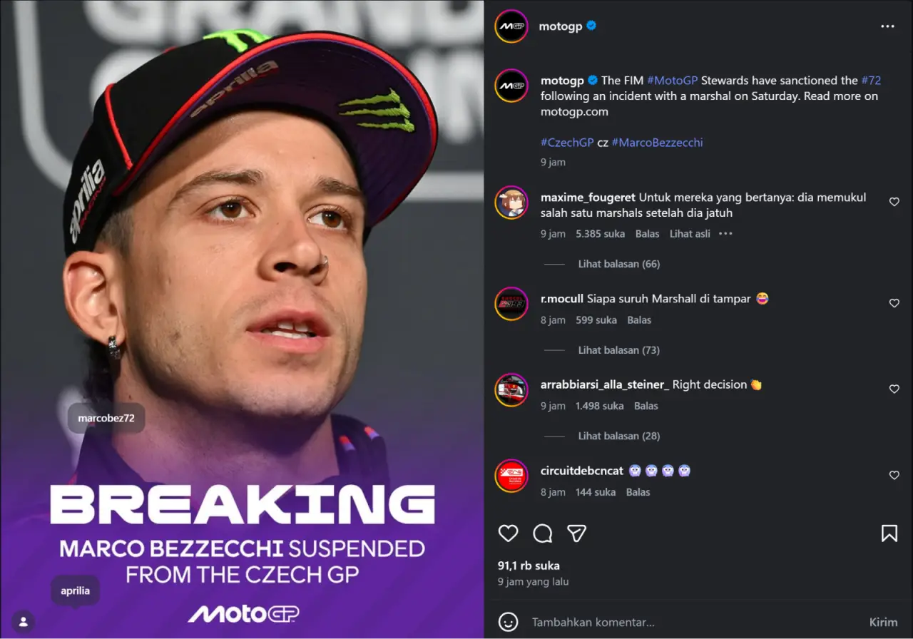 Netizen Terbelah Usai Bezzecchi Diskors dari MotoGP Ceko