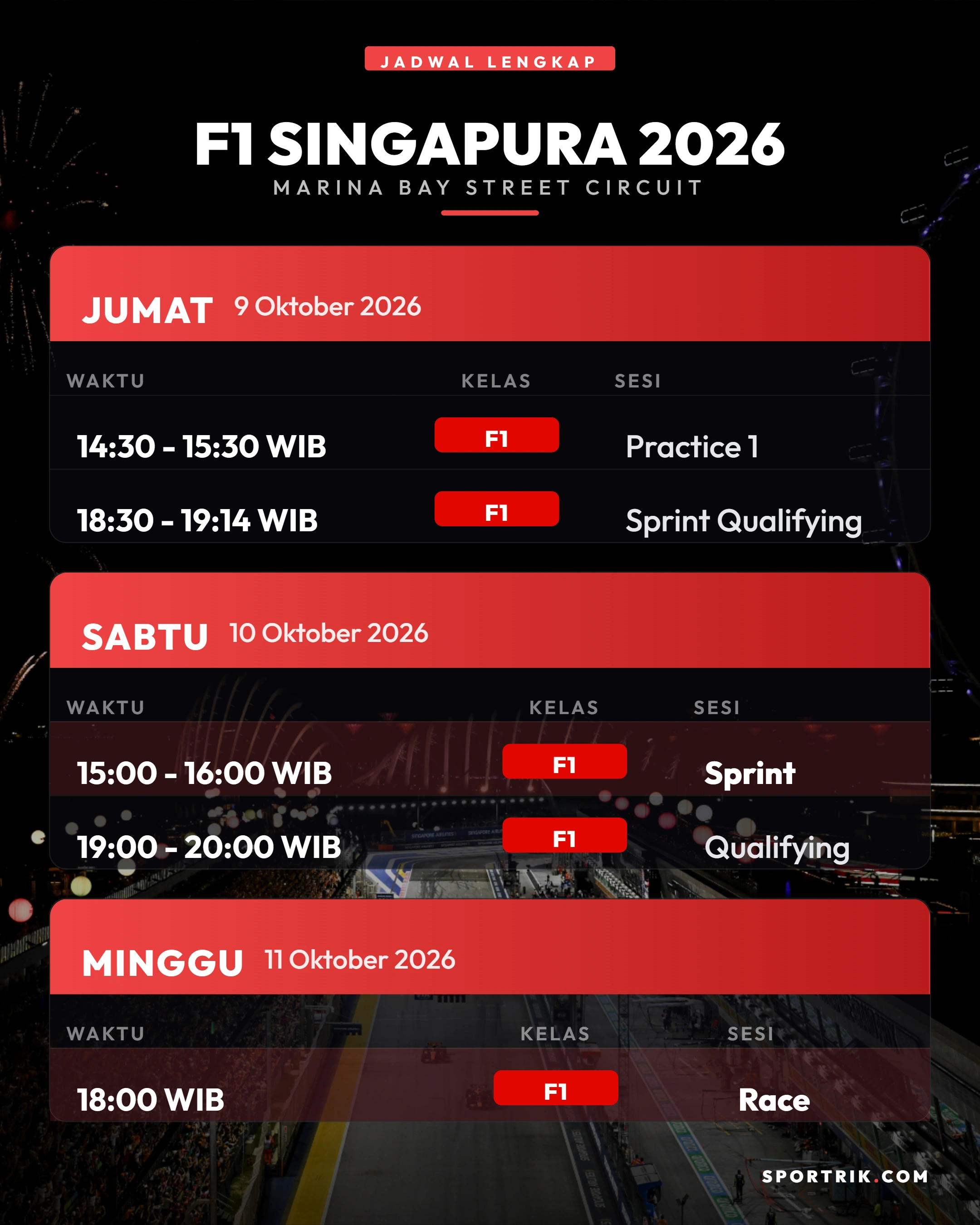 Jadwal F1 Singapura 2026: Sprint dan Race di Marina Bay